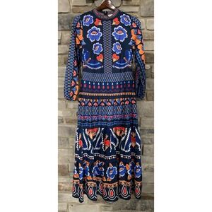 Sunday Up Boho Hippie Maximalism Floral Bird Mock Maxi Dress-S